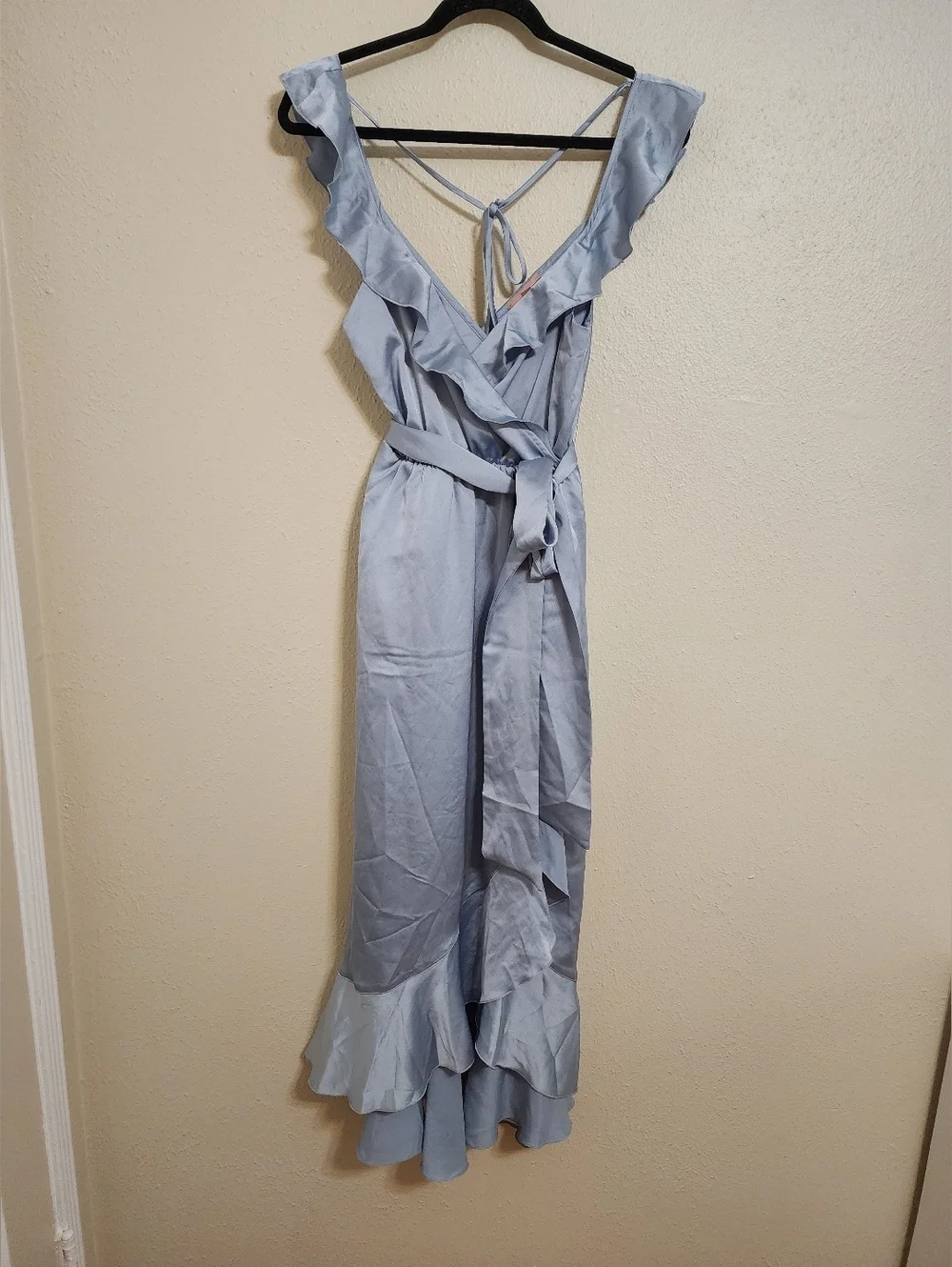 Show Me Your MuMu Samantha Ruffle Wrap Steel Blue Luxe Satin Dress S Wedding